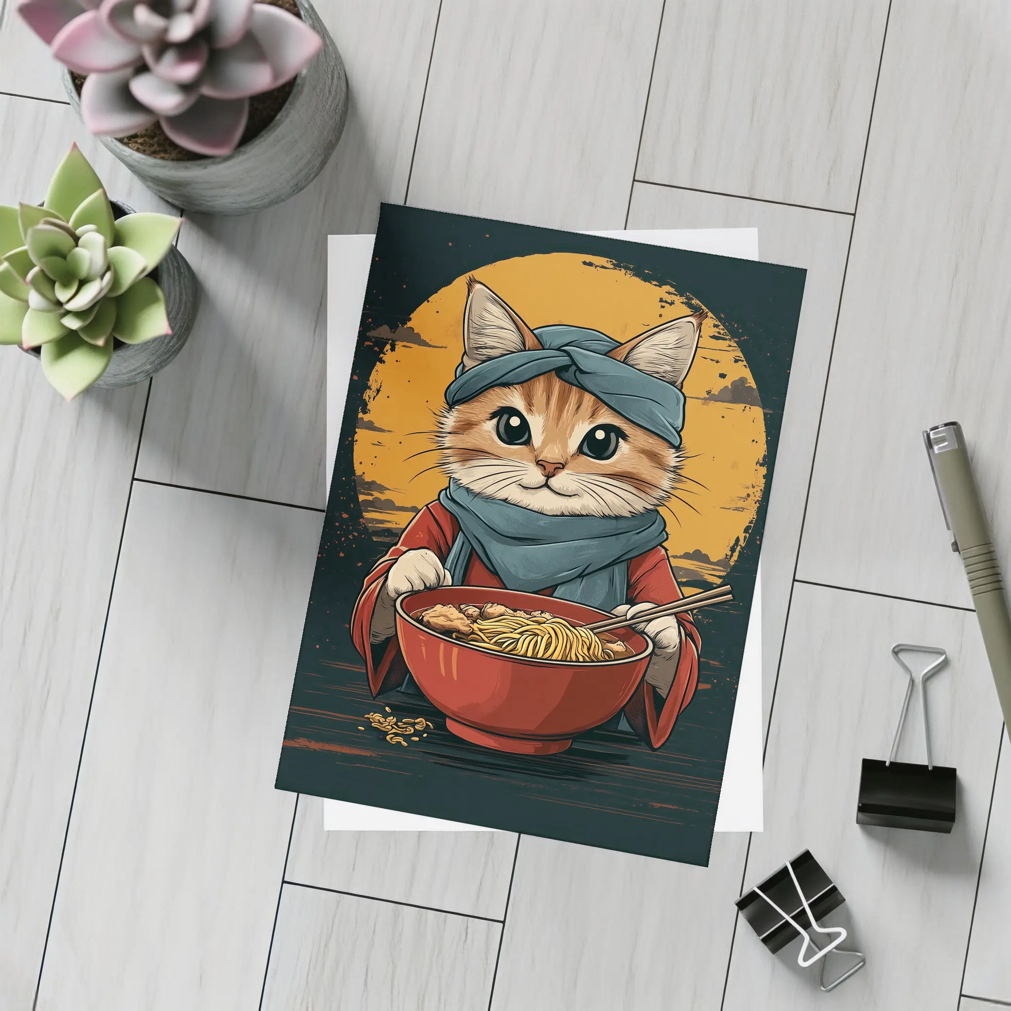 Samurai Cat Eating Ramen Bowl Art – Postcards