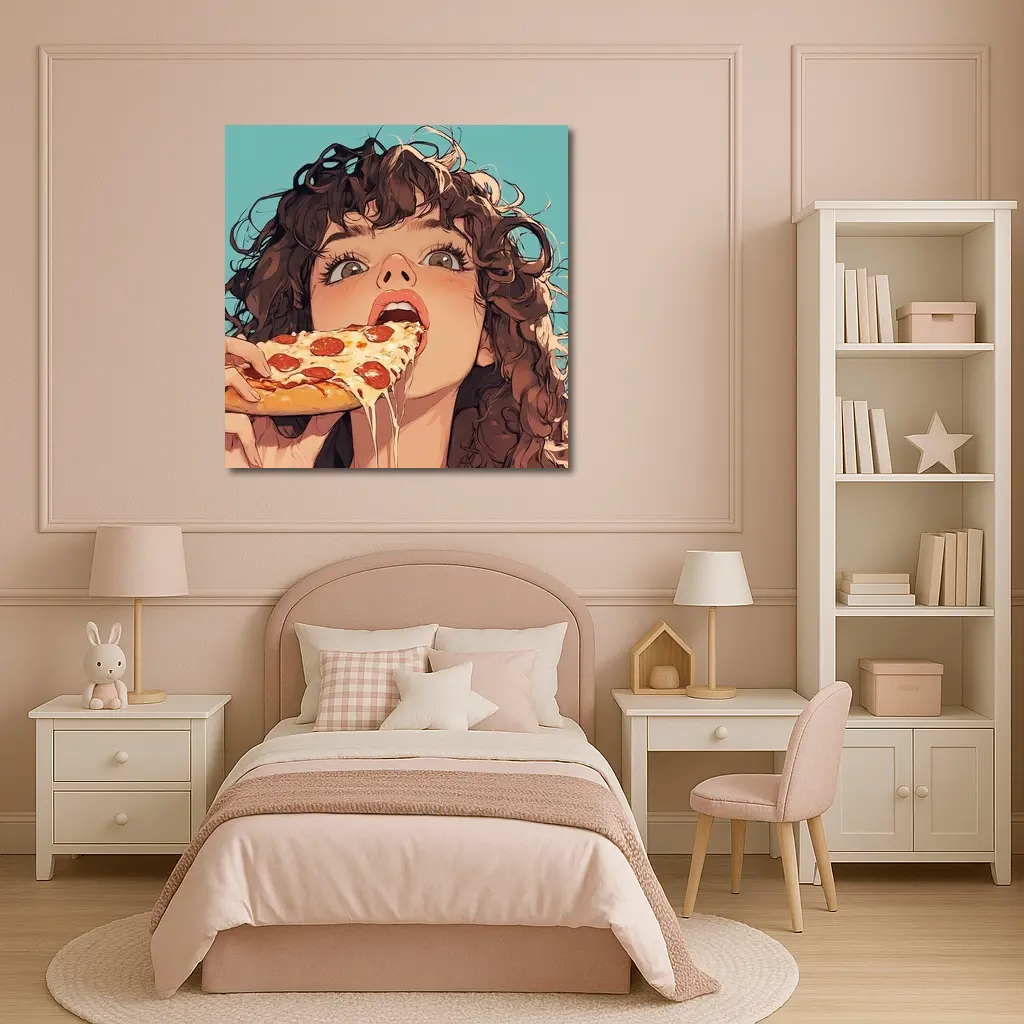 Anime Girl Eating Pizza Teal Background – Wall Art