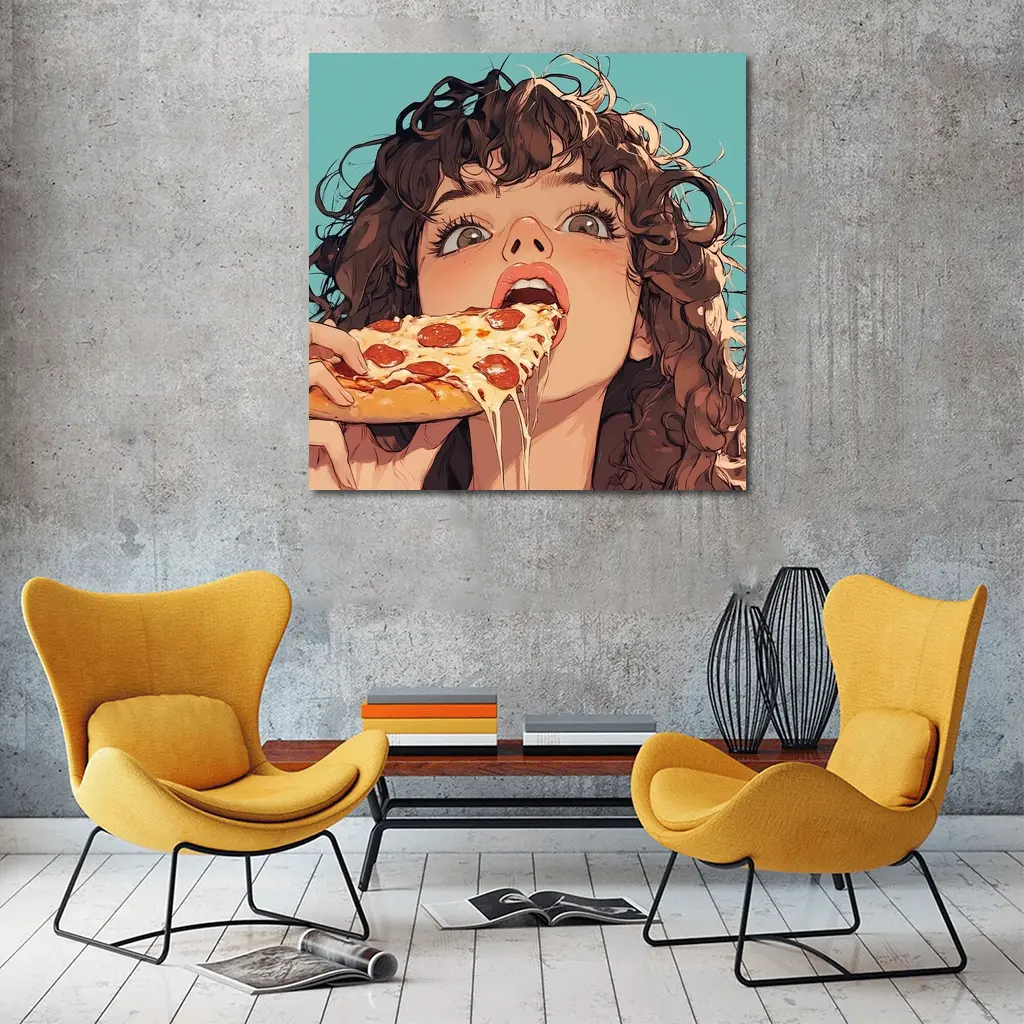 Anime Girl Eating Pizza Teal Background – Wall Art