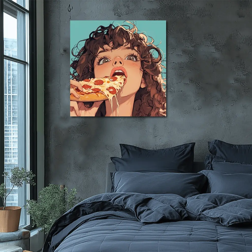 Anime Girl Eating Pizza Teal Background – Wall Art