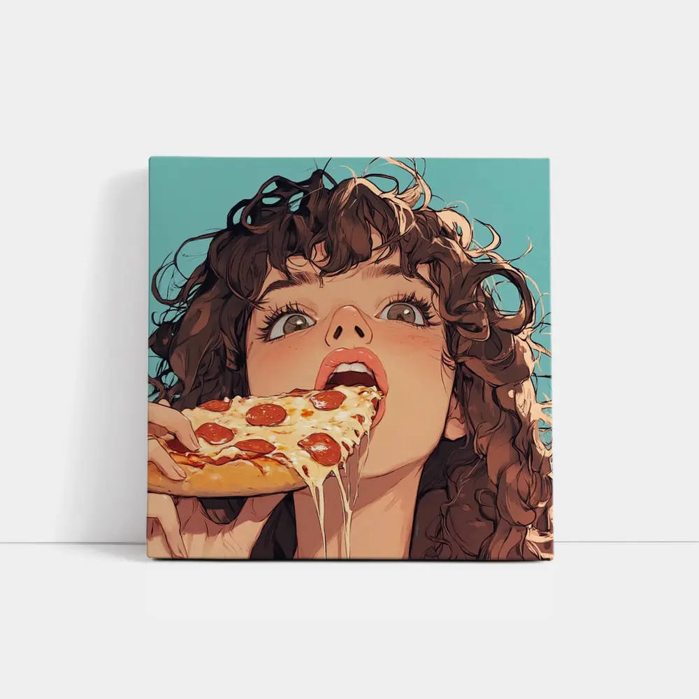 Anime Girl Eating Pizza Teal Background – Wall Art