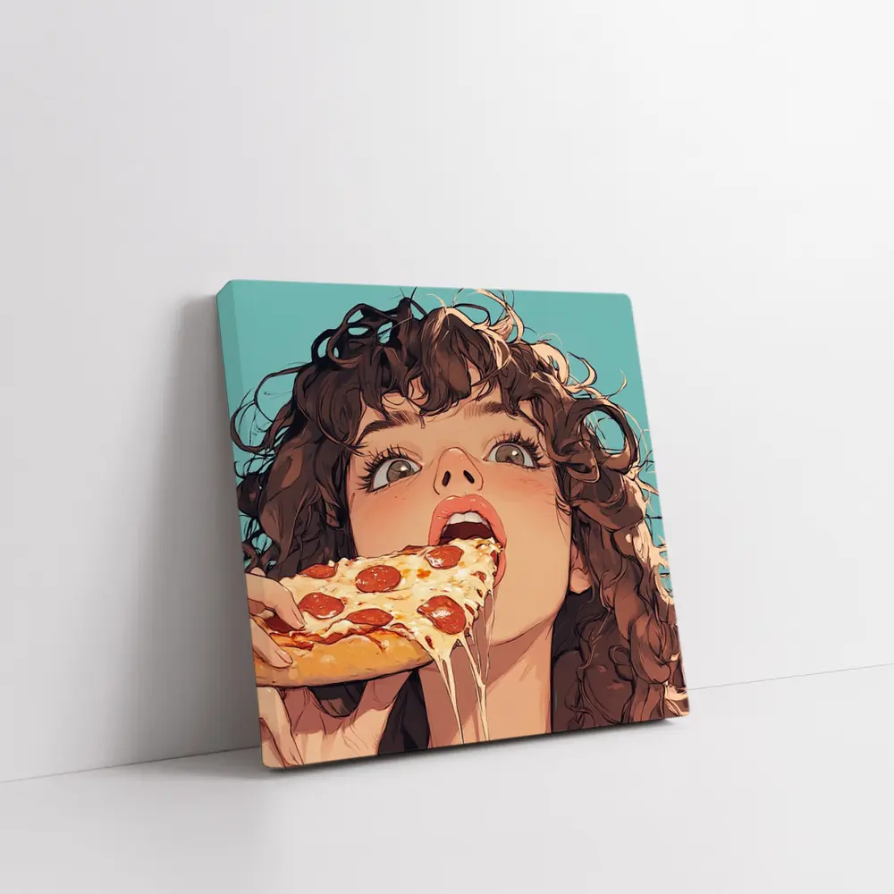 Anime Girl Eating Pizza Teal Background – Wall Art