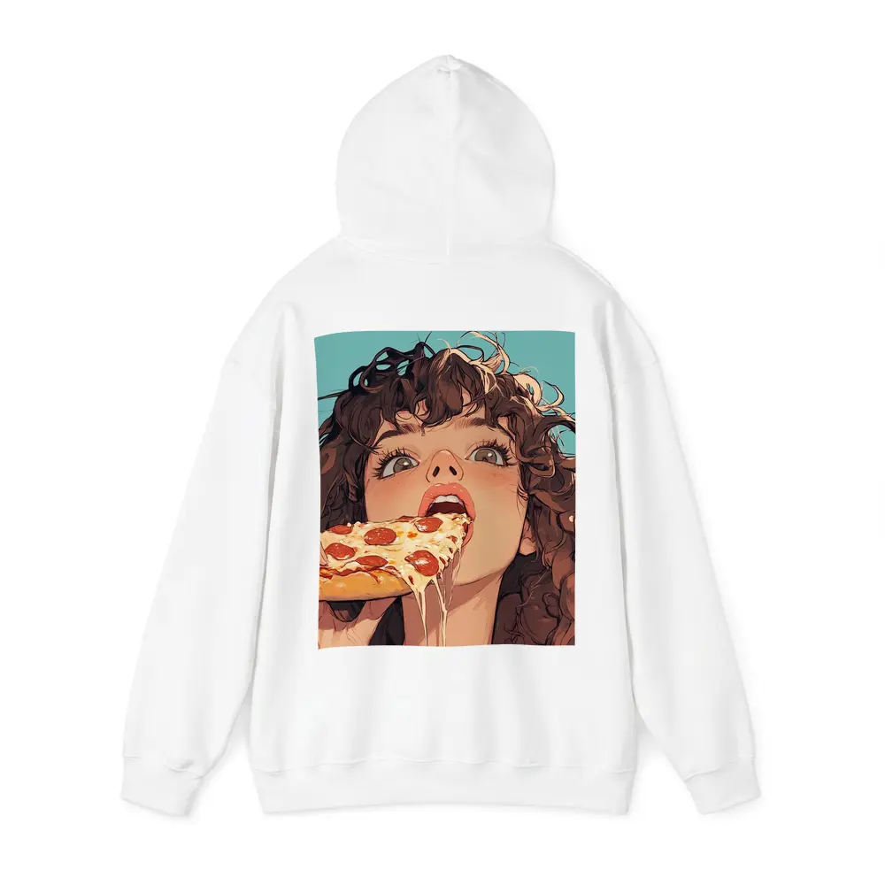 Anime Girl Eating Pizza Teal Background – Hoodies