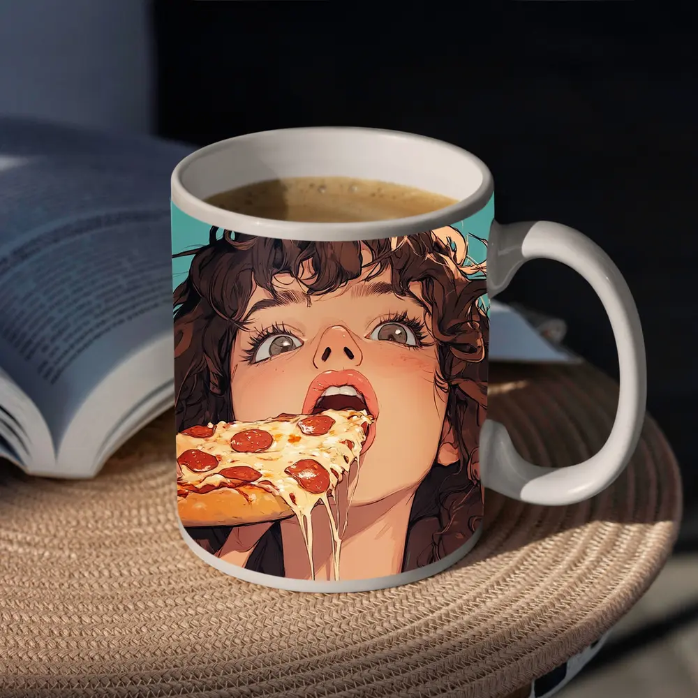 Anime Girl Eating Pizza Teal Background – Mugs