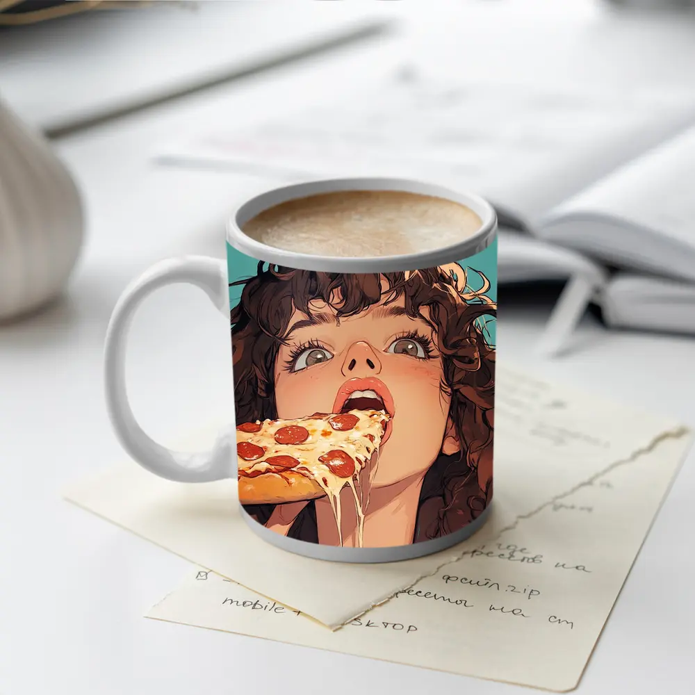 Anime Girl Eating Pizza Teal Background – Mugs