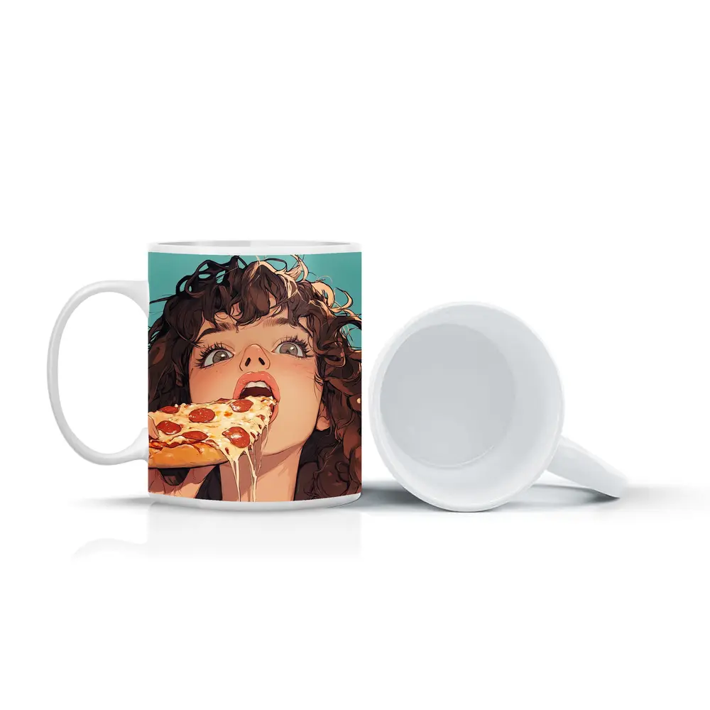 Anime Girl Eating Pizza Teal Background – Mugs