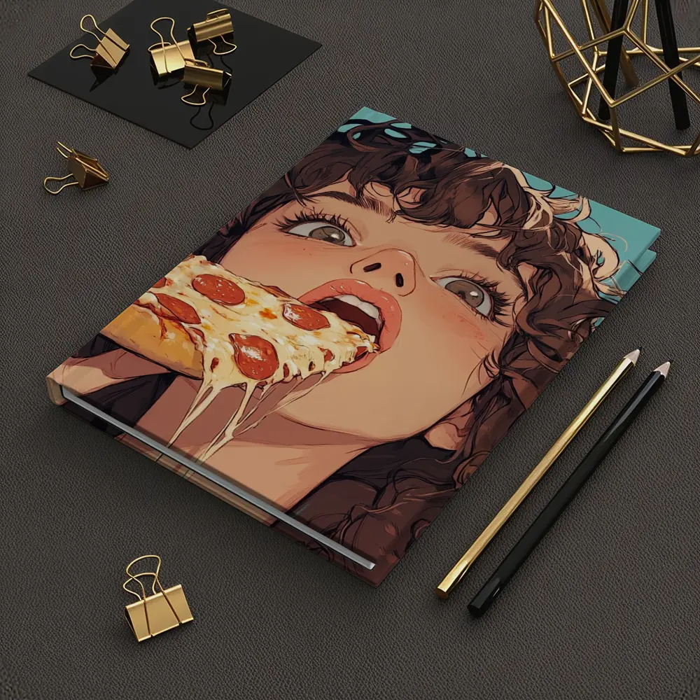 Anime Girl Eating Pizza Teal Background – Notebooks
