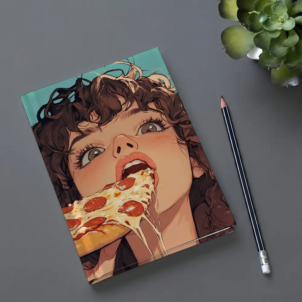 Anime Girl Eating Pizza Teal Background – Notebooks
