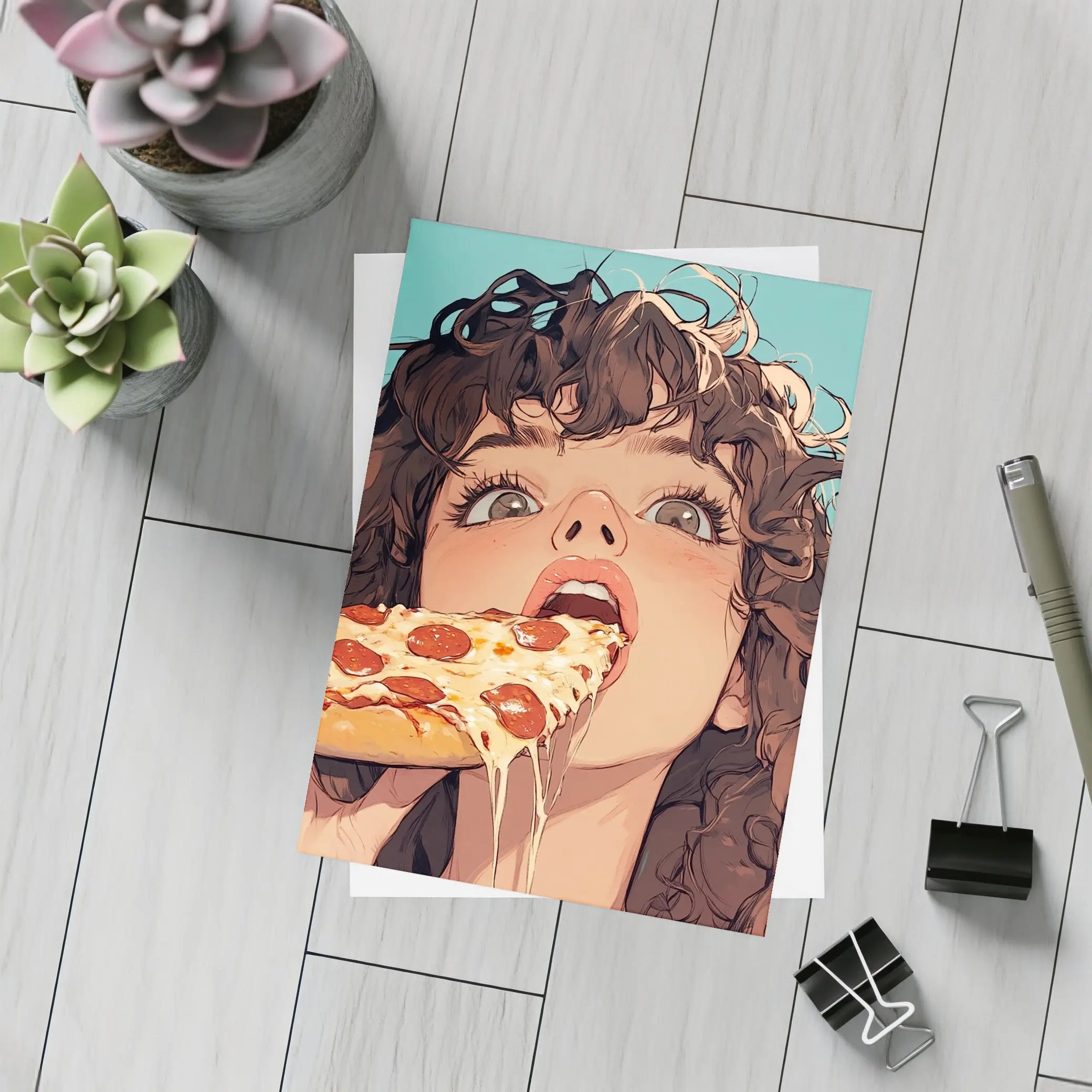 Anime Girl Eating Pizza Teal Background – Postcards