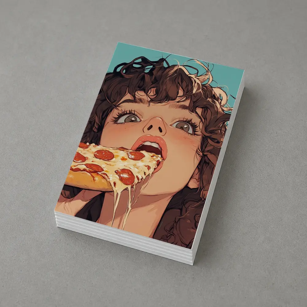 Anime Girl Eating Pizza Teal Background – Postcards
