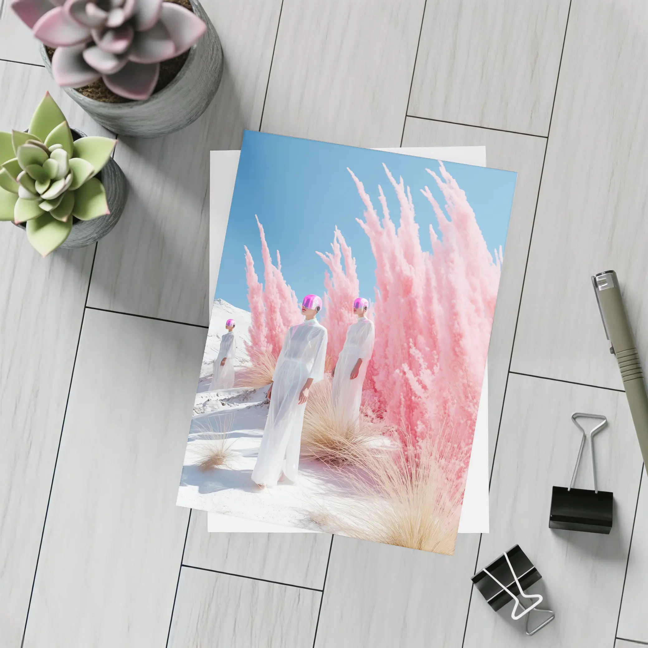 Futuristic Women Pink Pampas White Desert – Postcards