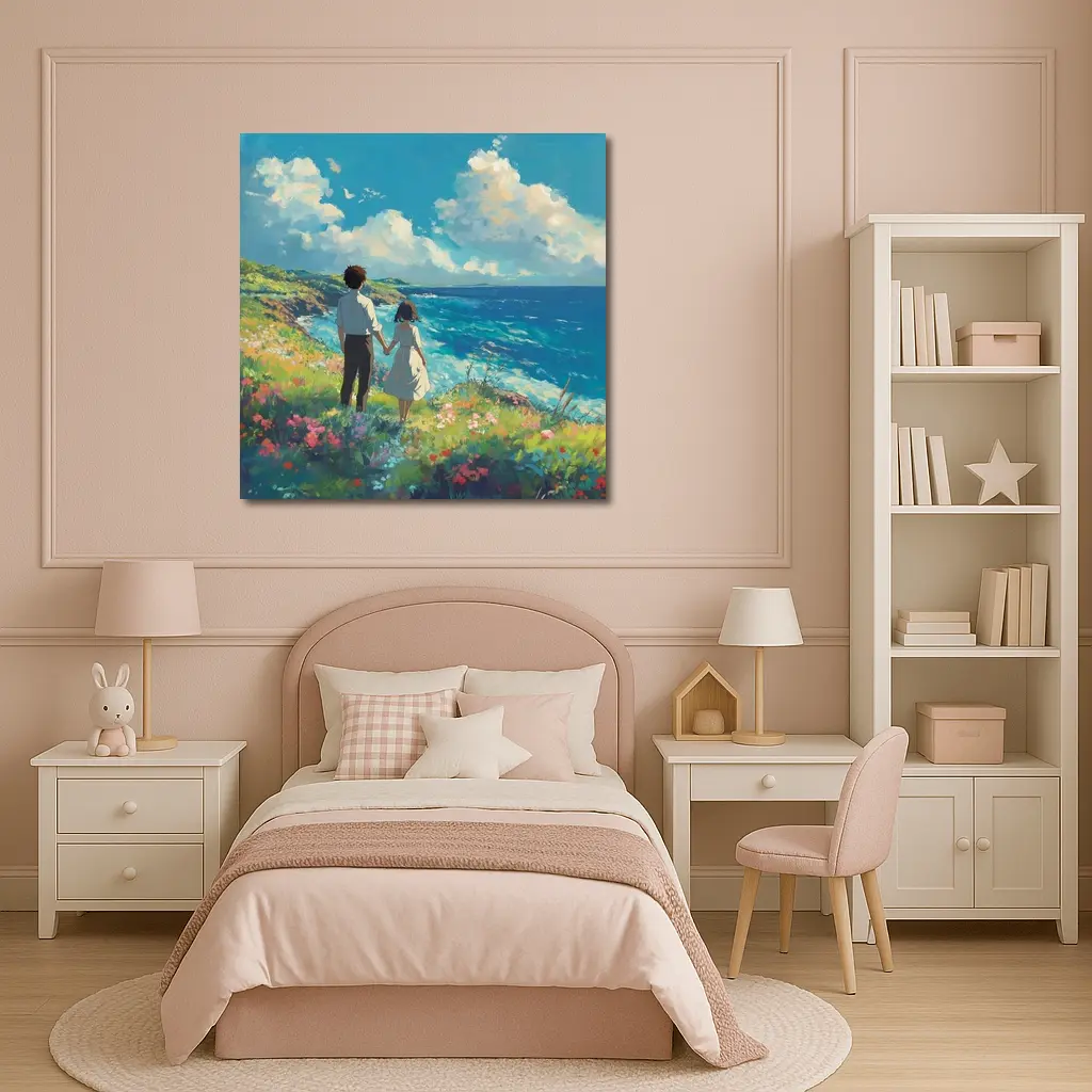Anime Couple Holding Hands Coastal Cliffside – Wall Art