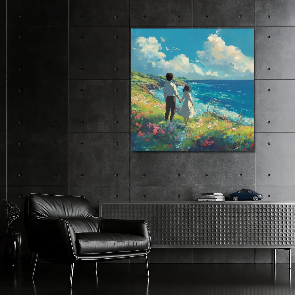 Anime Couple Holding Hands Coastal Cliffside – Wall Art