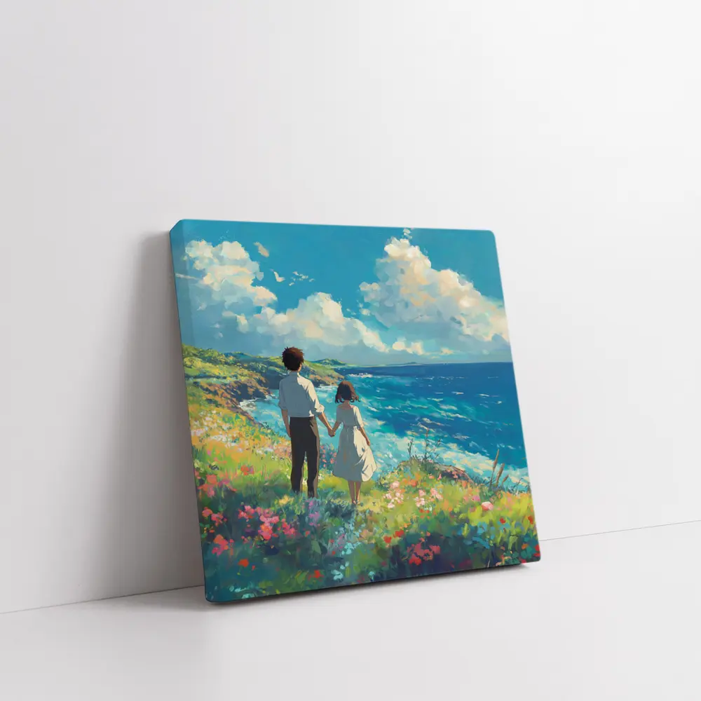 Anime Couple Holding Hands Coastal Cliffside – Wall Art