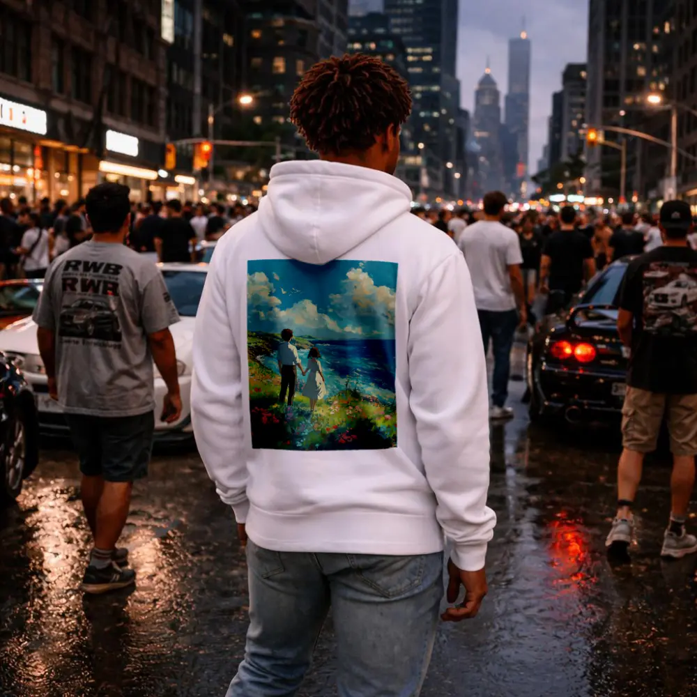 Anime Couple Holding Hands Coastal Cliffside – Hoodies