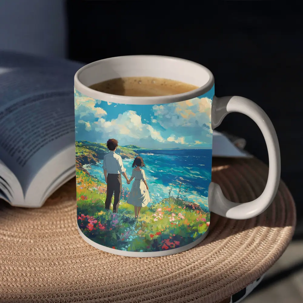 Anime Couple Holding Hands Coastal Cliffside – Mugs