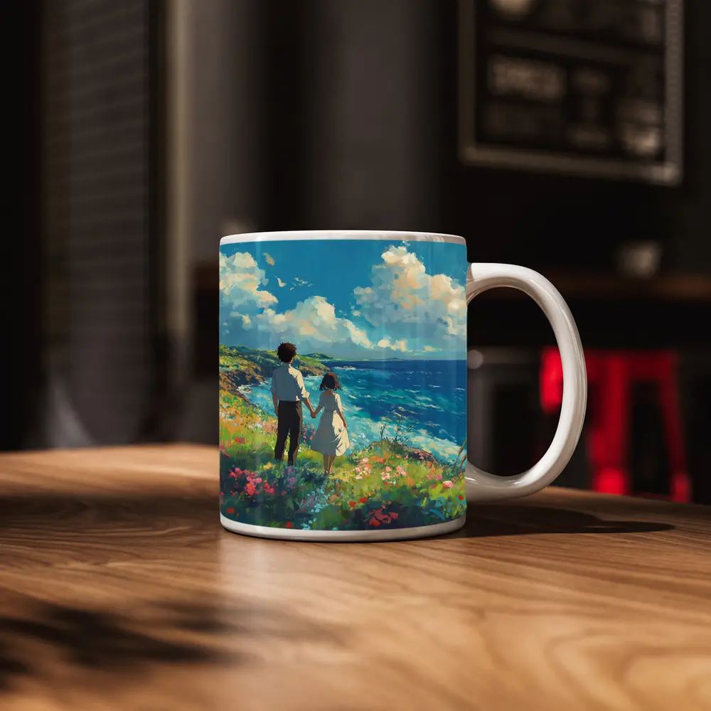 Anime Couple Holding Hands Coastal Cliffside – Mugs