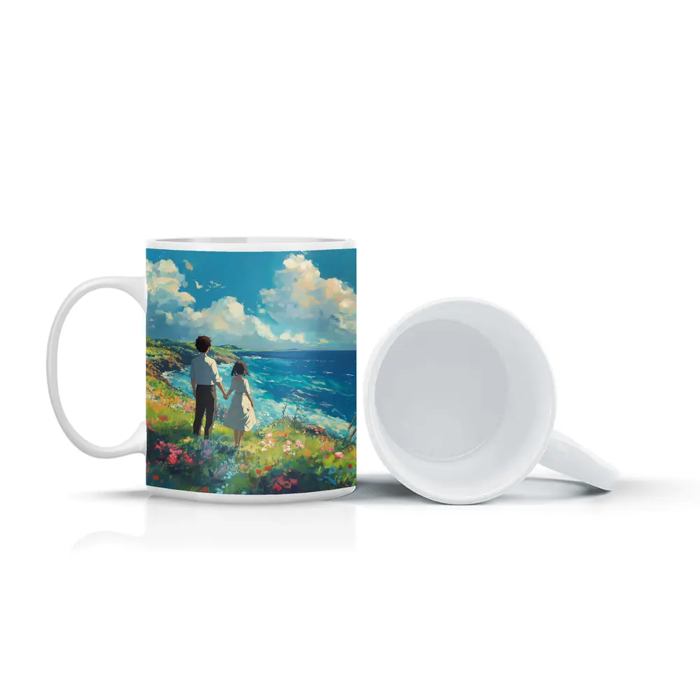 Anime Couple Holding Hands Coastal Cliffside – Mugs