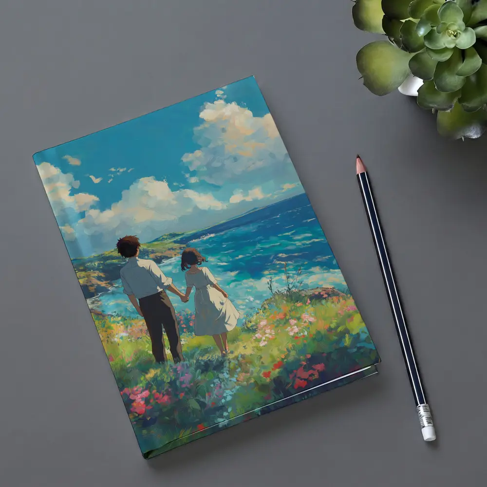 Anime Couple Holding Hands Coastal Cliffside – Notebooks