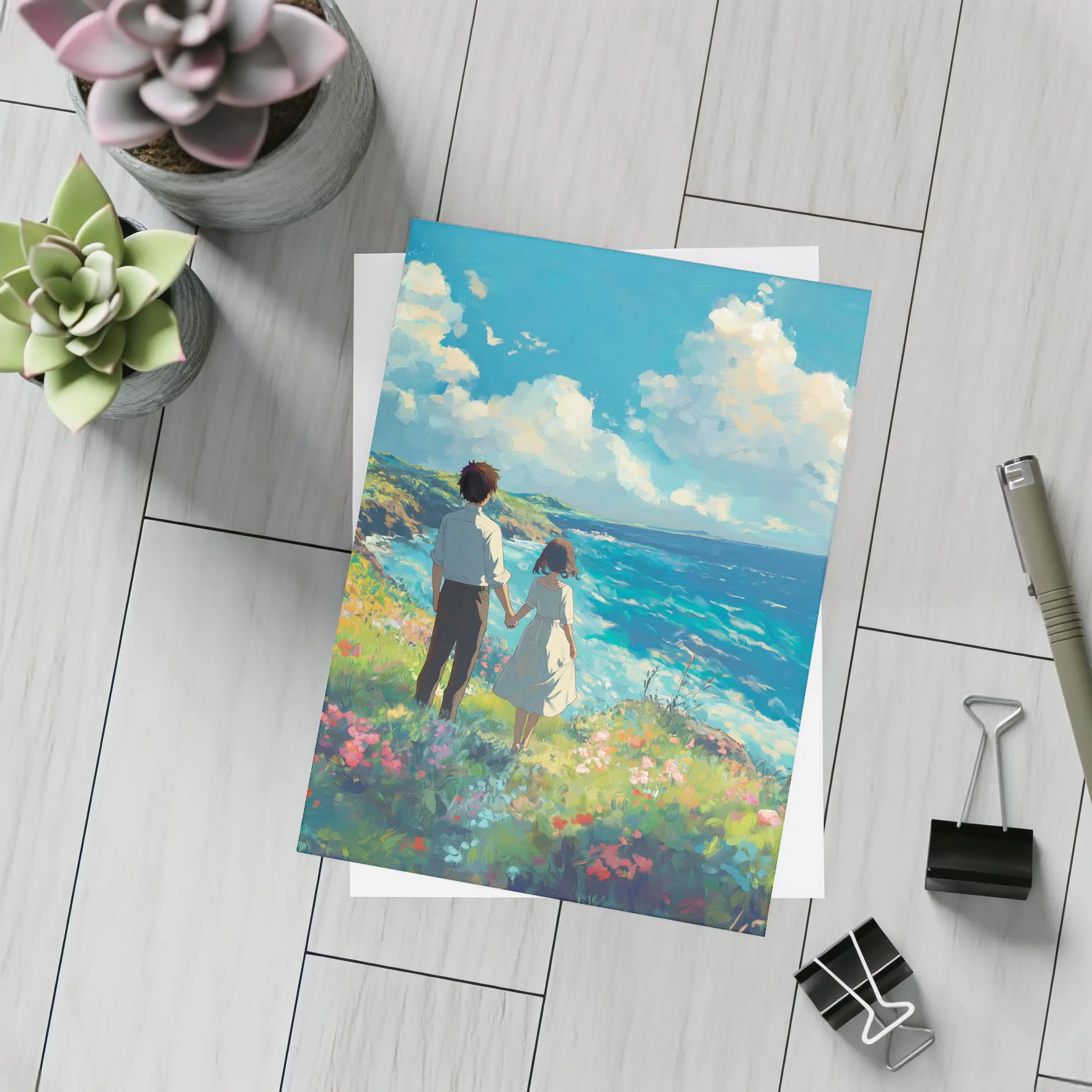 Anime Couple Holding Hands Coastal Cliffside – Postcards