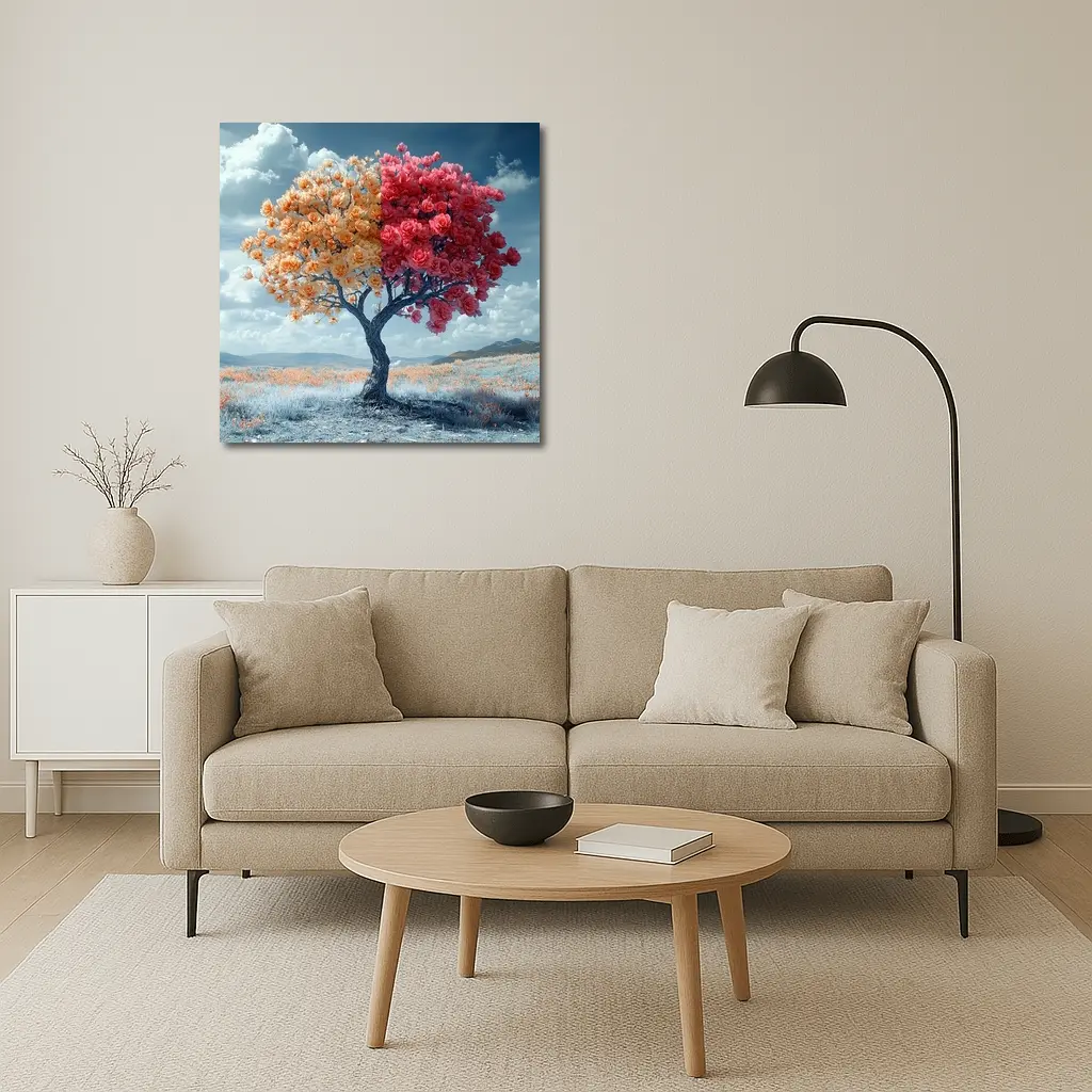 Split Rose Tree Orange Red Surreal Landscape – Wall Art