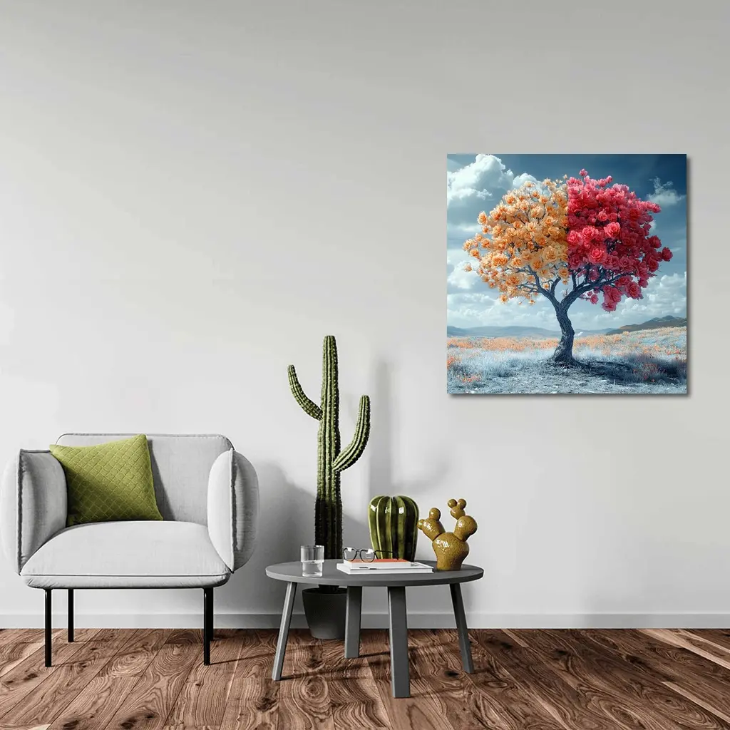 Split Rose Tree Orange Red Surreal Landscape – Wall Art
