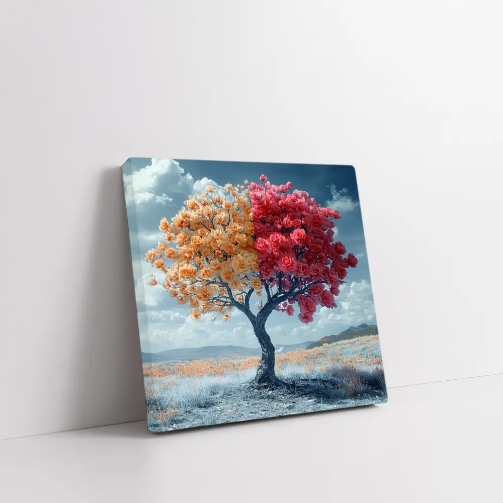 Split Rose Tree Orange Red Surreal Landscape – Wall Art