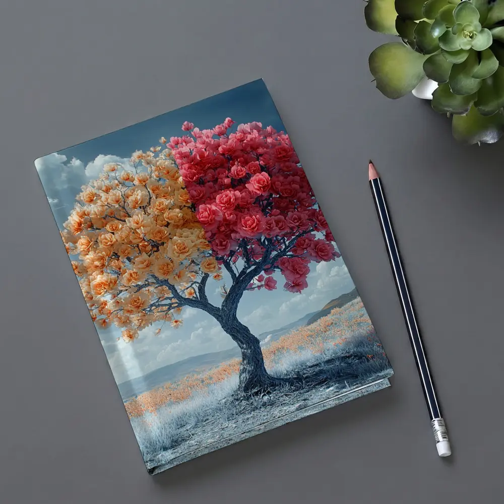 Split Rose Tree Orange Red Surreal Landscape – Notebooks