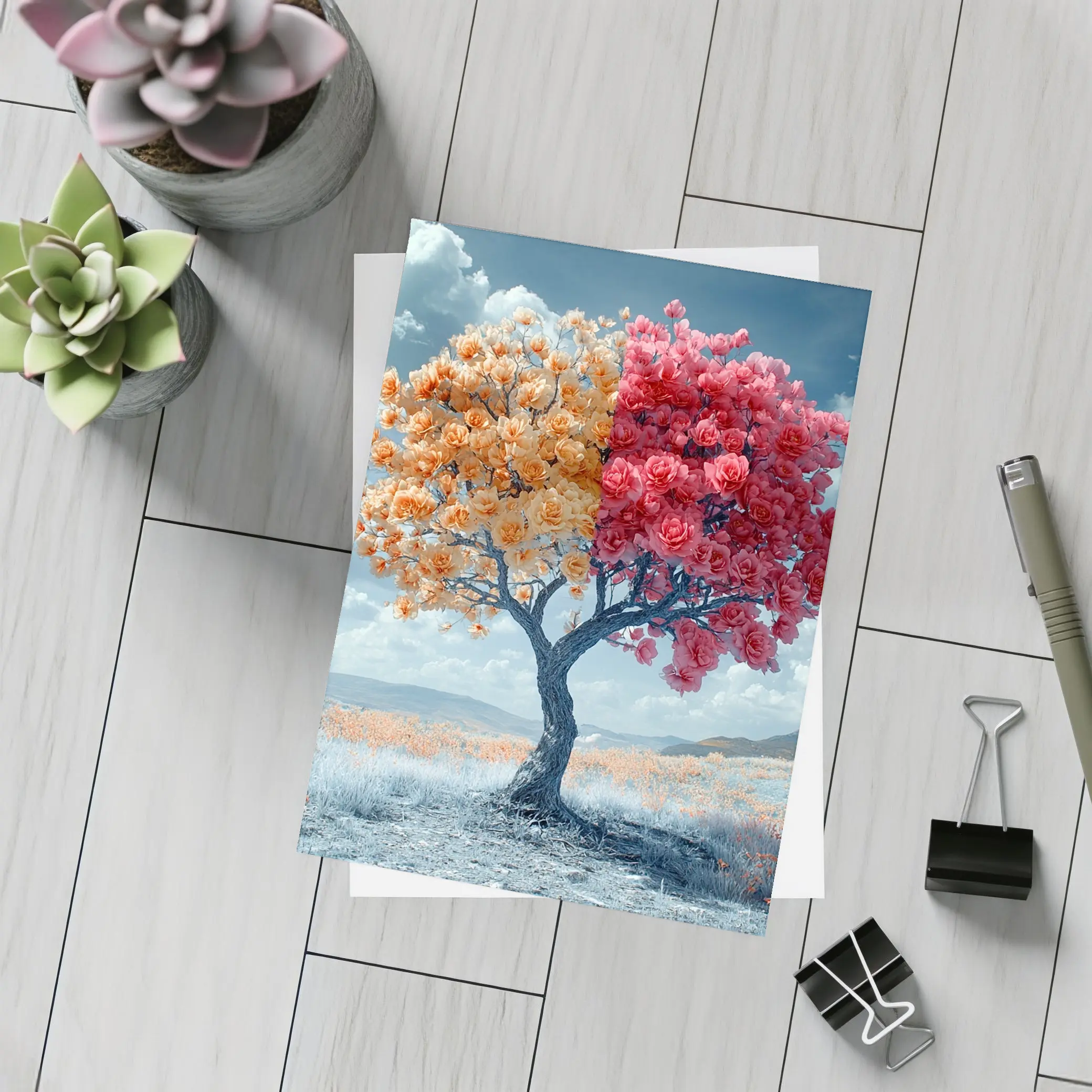 Split Rose Tree Orange Red Surreal Landscape – Postcards