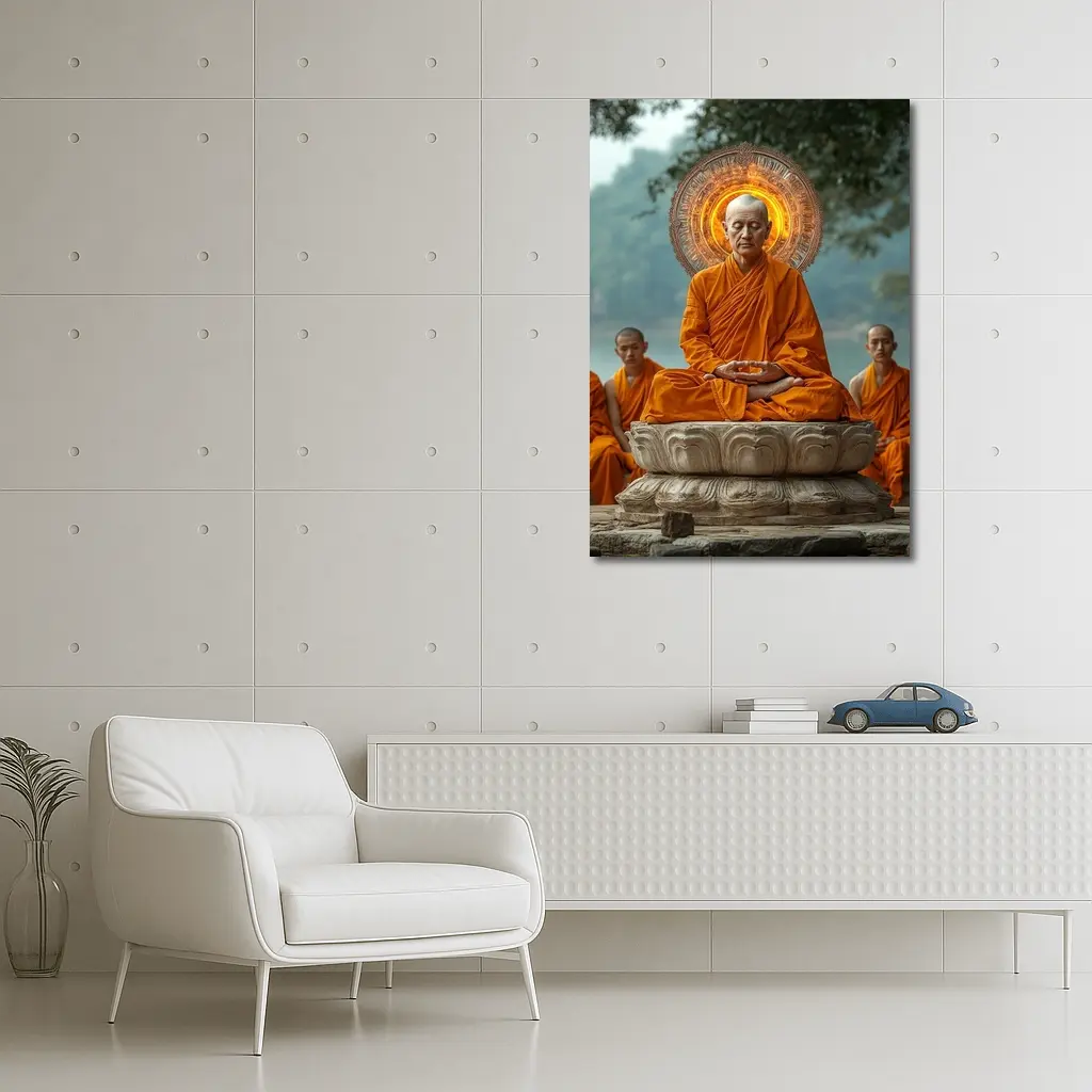 Buddhist Monk Meditating Glowing Halo Lotus Throne – Wall Art