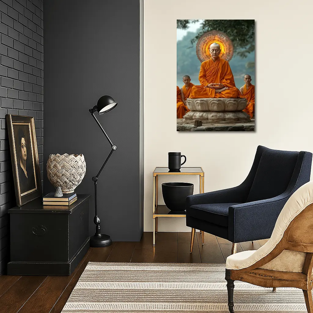 Buddhist Monk Meditating Glowing Halo Lotus Throne – Wall Art