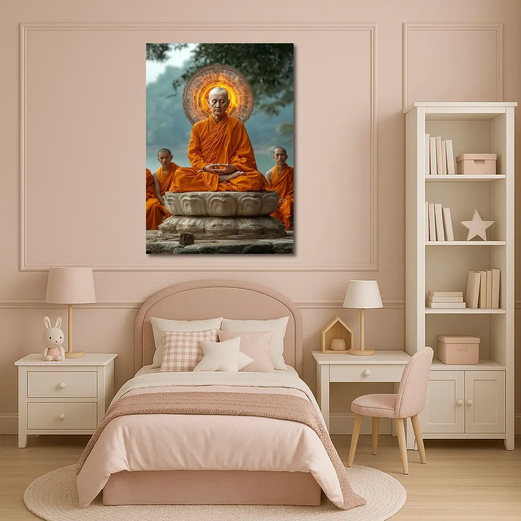 Buddhist Monk Meditating Glowing Halo Lotus Throne – Wall Art