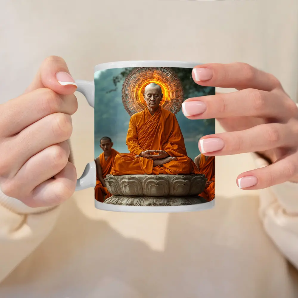 Buddhist Monk Meditating Glowing Halo Lotus Throne – Mugs