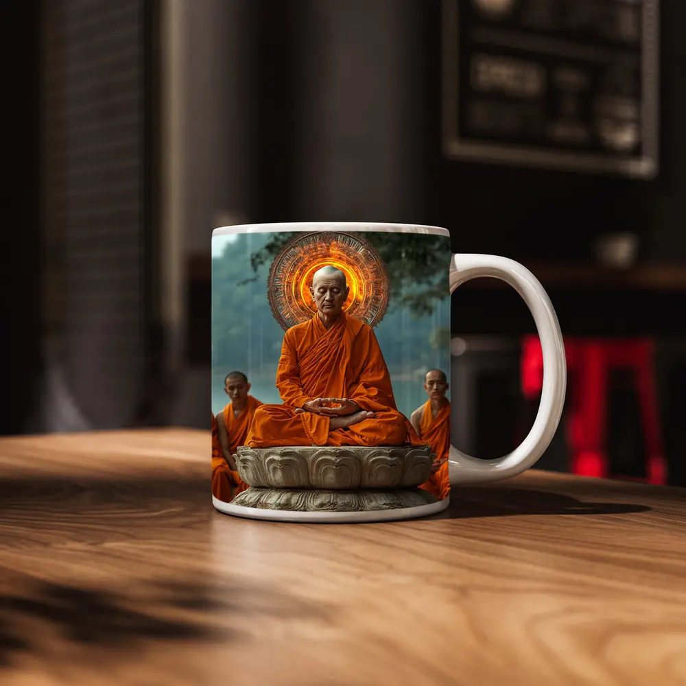 Buddhist Monk Meditating Glowing Halo Lotus Throne – Mugs