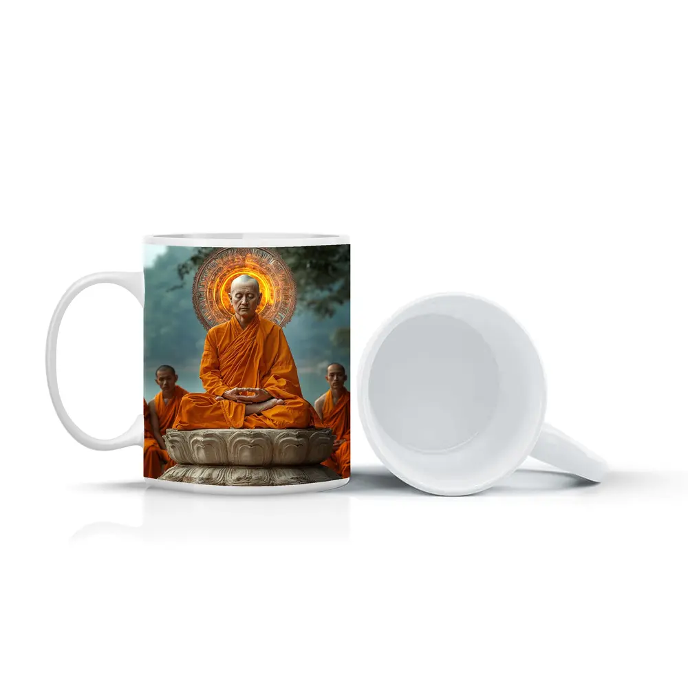 Buddhist Monk Meditating Glowing Halo Lotus Throne – Mugs