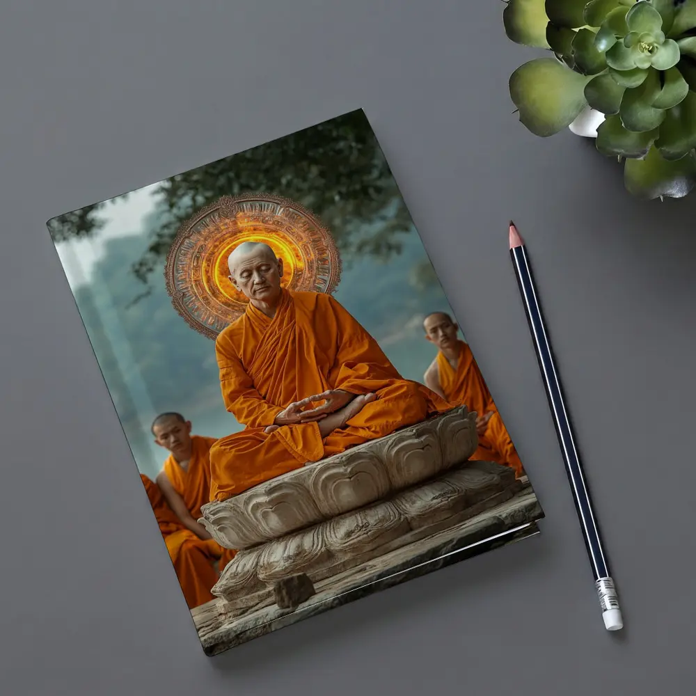 Buddhist Monk Meditating Glowing Halo Lotus Throne – Notebooks