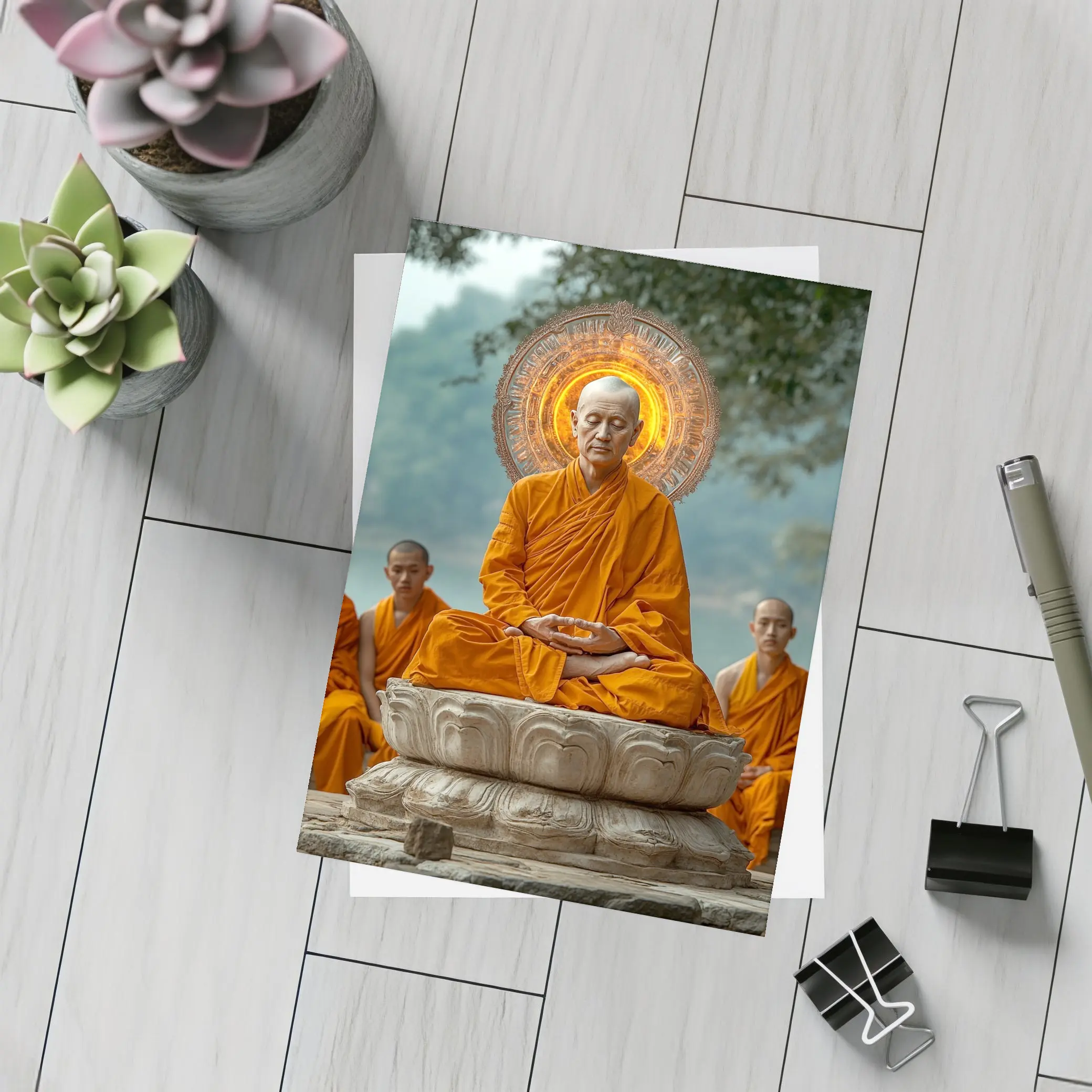 Buddhist Monk Meditating Glowing Halo Lotus Throne – Postcards