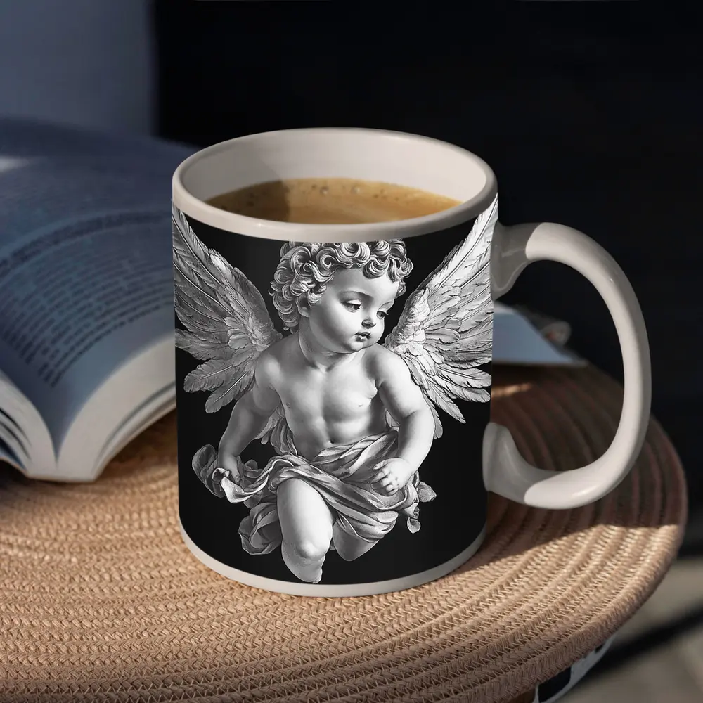 Baroque Cherub Angel Black Background Art – Mugs