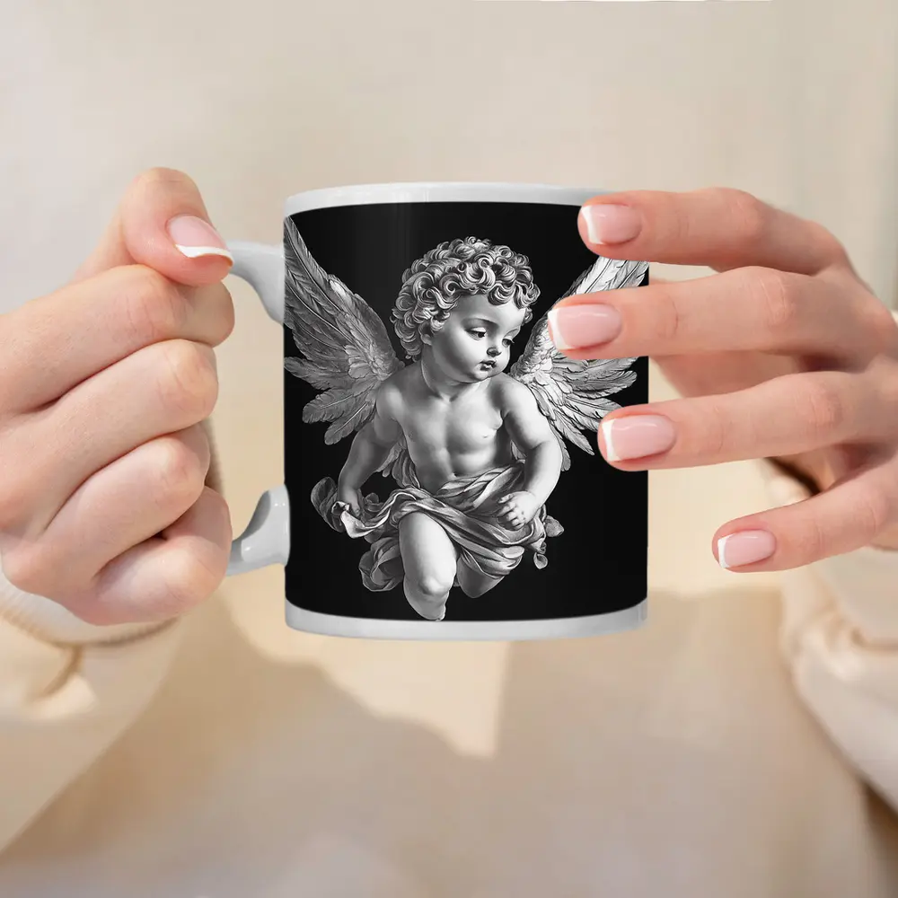 Baroque Cherub Angel Black Background Art – Mugs