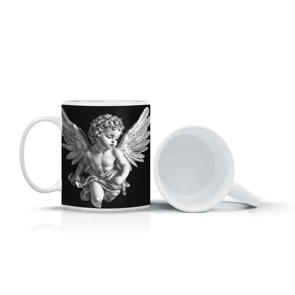 Baroque Cherub Angel Black Background Art – Mugs
