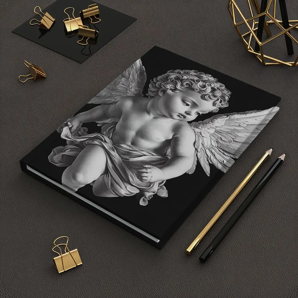 Baroque Cherub Angel Black Background Art – Notebooks