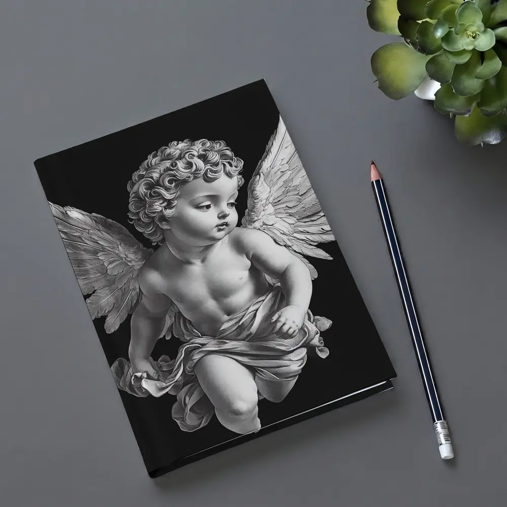 Baroque Cherub Angel Black Background Art – Notebooks