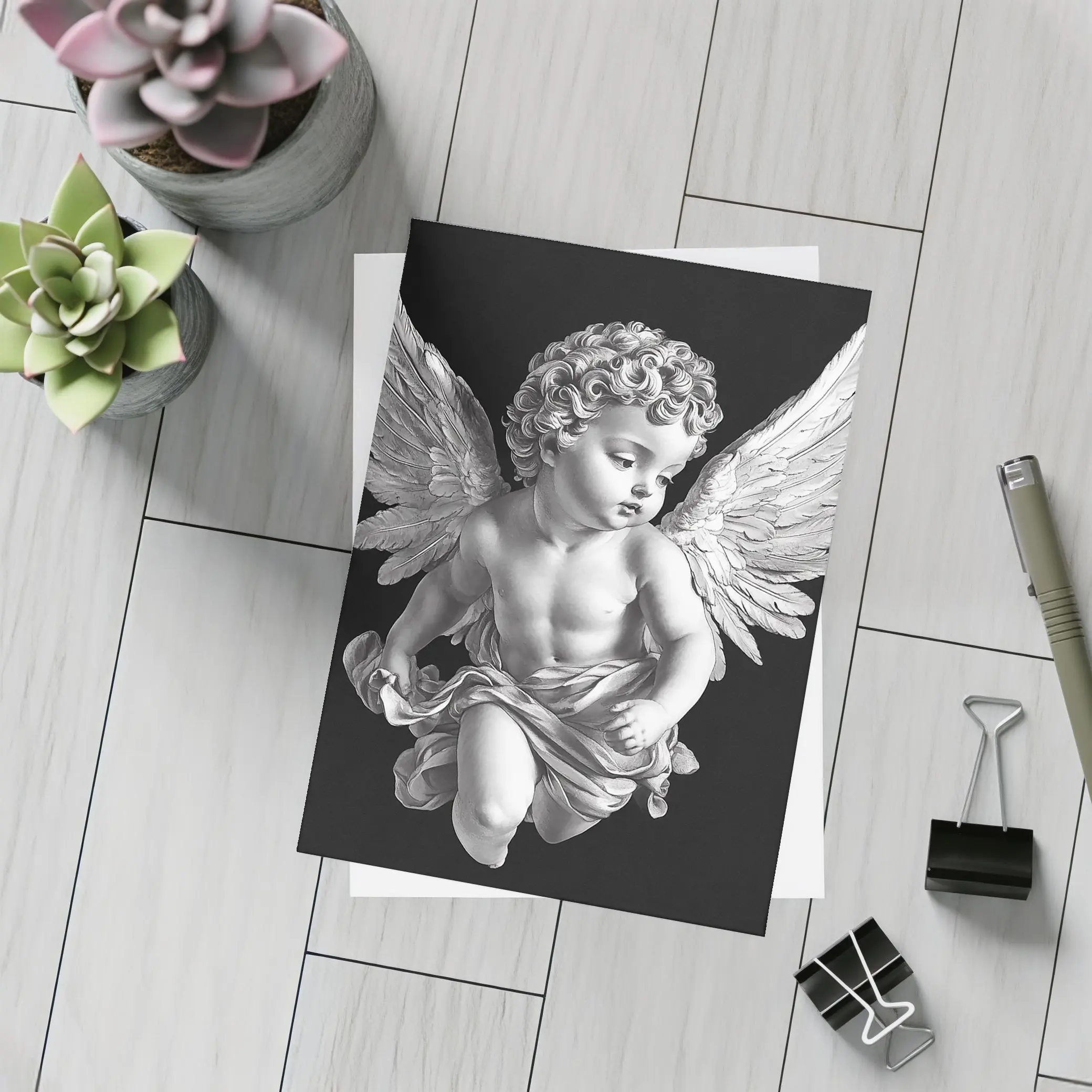 Baroque Cherub Angel Black Background Art – Postcards