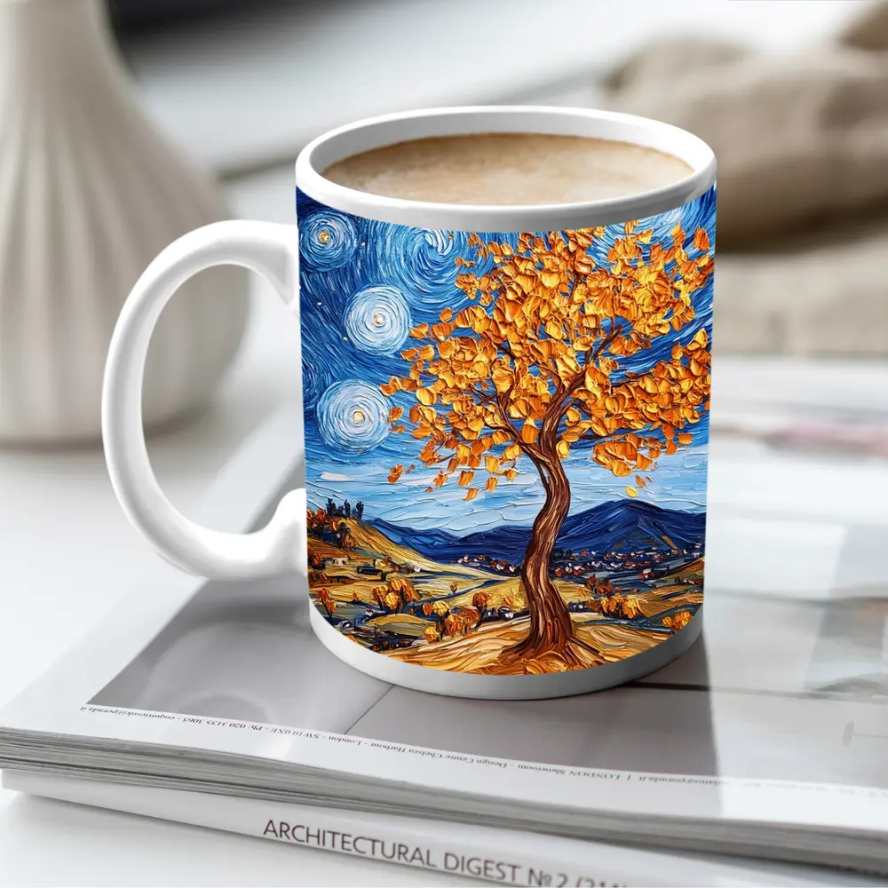 Van Gogh Style Autumn Tree Swirling Sky – Mugs