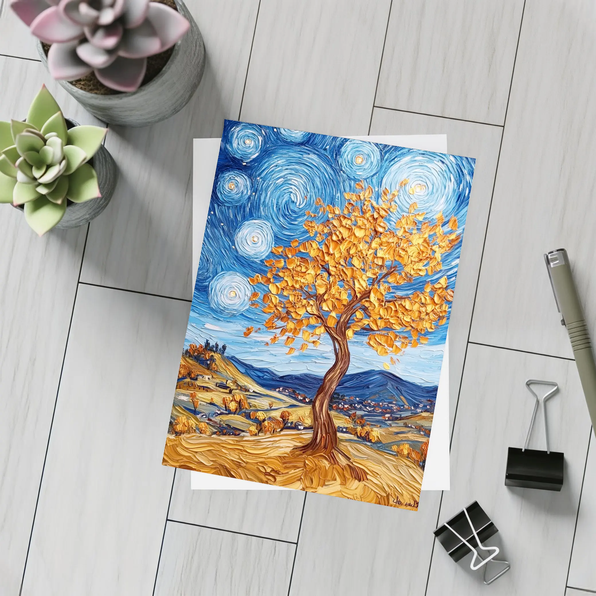Van Gogh Style Autumn Tree Swirling Sky – Postcards