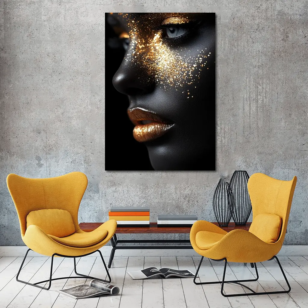 Gold Glitter Makeup Dark Skin Portrait – Wall Art
