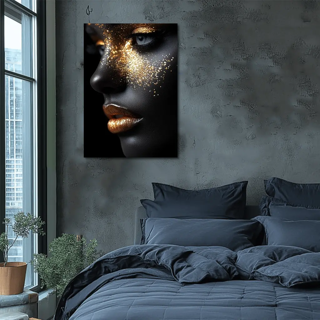 Gold Glitter Makeup Dark Skin Portrait – Wall Art