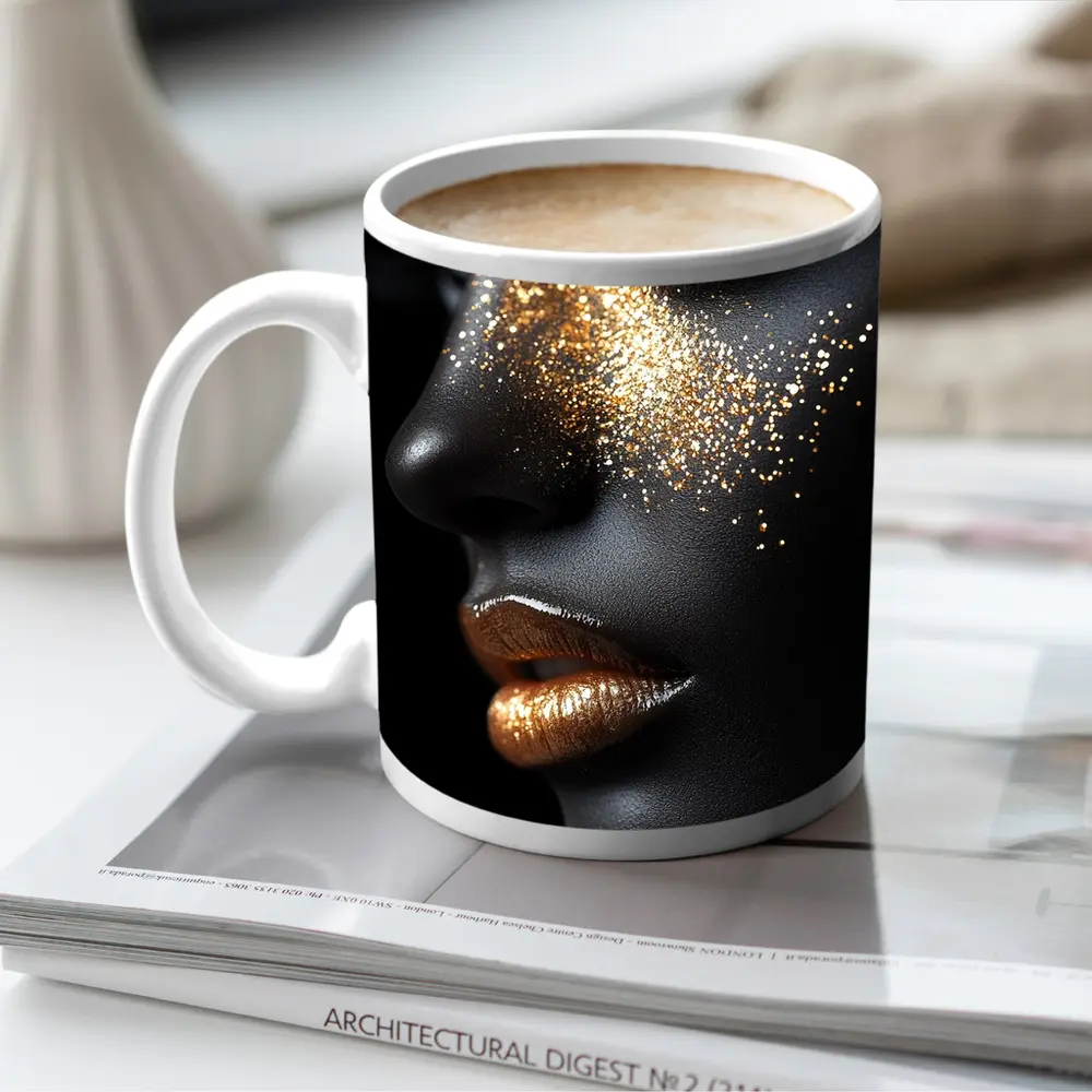 Gold Glitter Makeup Dark Skin Portrait – Mugs