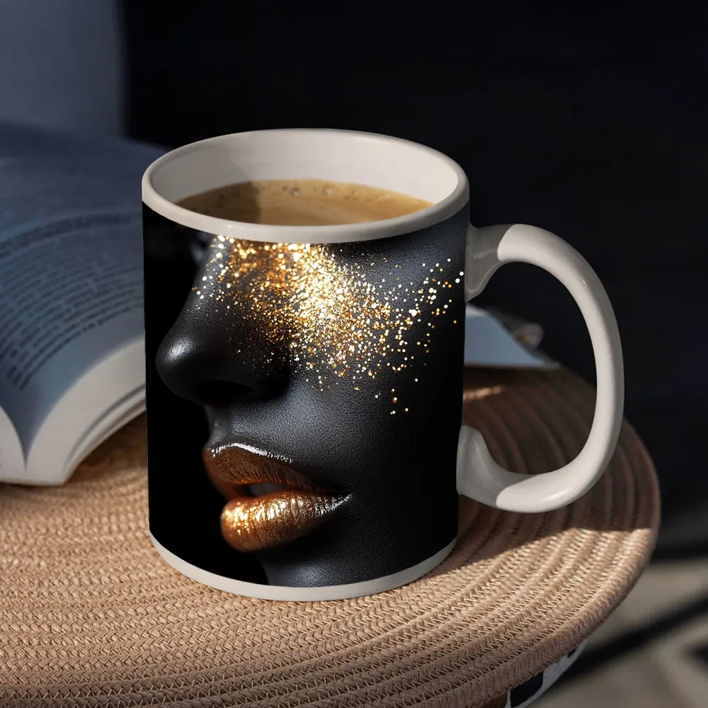 Gold Glitter Makeup Dark Skin Portrait – Mugs