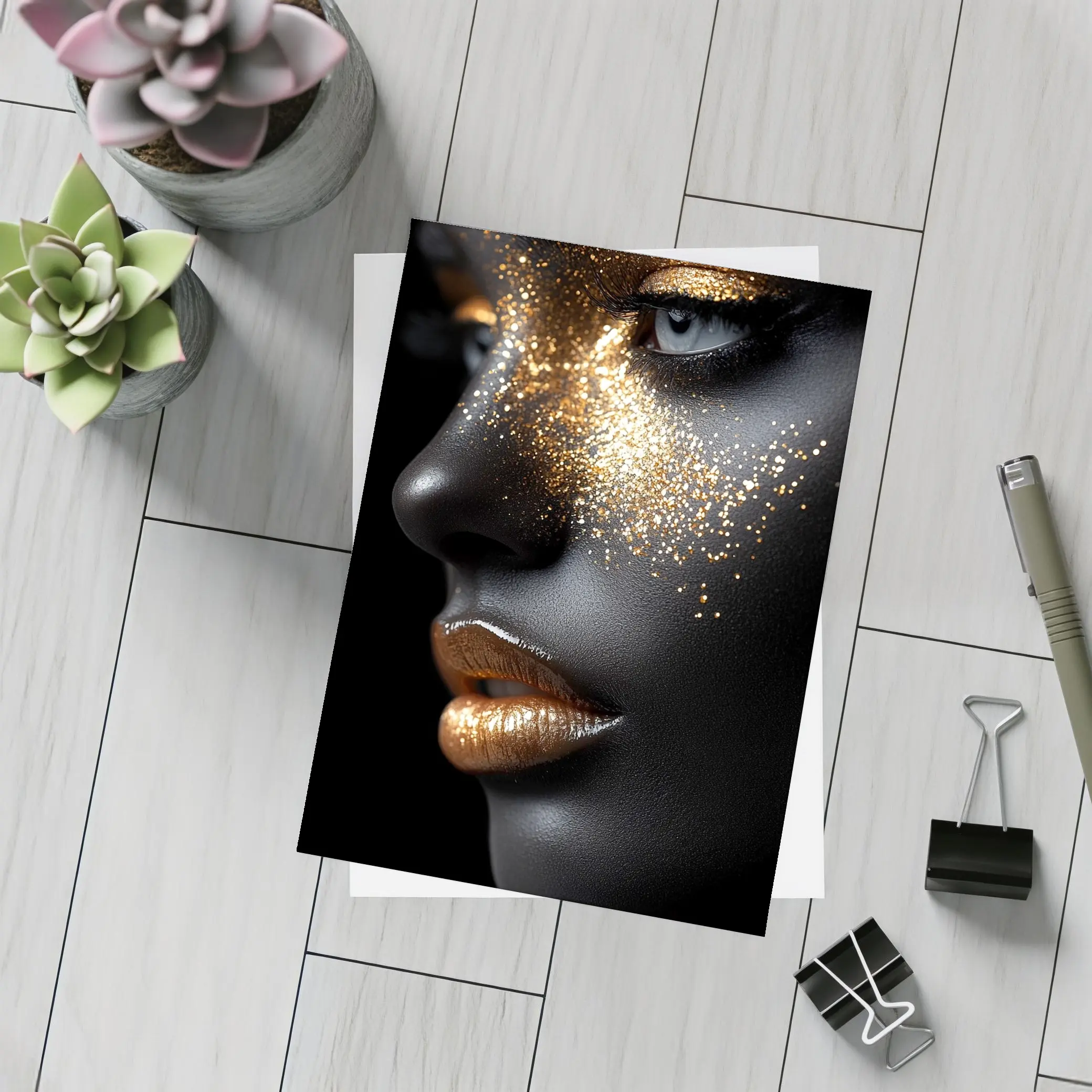 Gold Glitter Makeup Dark Skin Portrait – Postcards